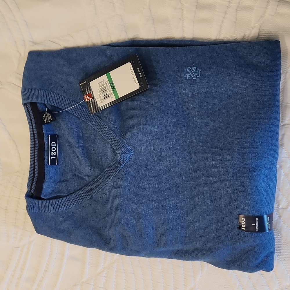 Men's Izod Premium Essentials lightweight long sleeve blue v-neck sweater size L